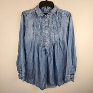 American Eagle Jegging Fit Tunic Shirt Womens Medium Blue Lyocell Pintuck Pleat